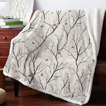 Tree Branches Birds Blankets for Bed Couch Sofa, Vintage Flowers Fall Spring Bees Soft Thick Sherpa Throw Reversible Plush Fluffy Fleece Fannel Blanket Decorative Bedding for Bed Sofa Couch 40x50