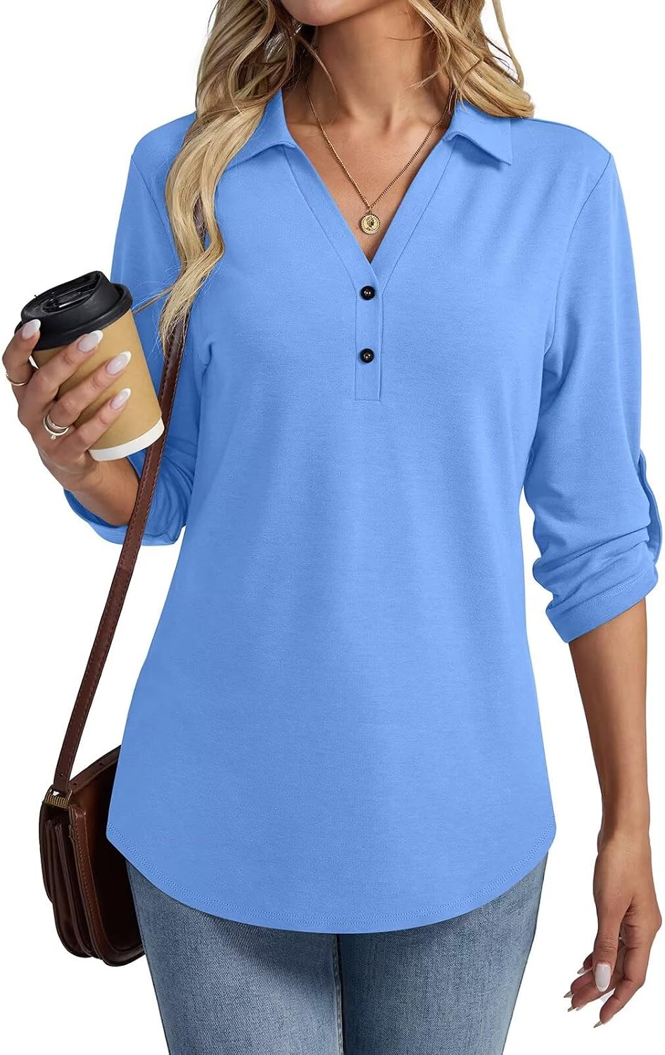 TICTICMISS Women's 3/4 Length Rolled Sleeve Tunic Tops Collared V Neck T Shirts Summer Casual Blouses 2026
