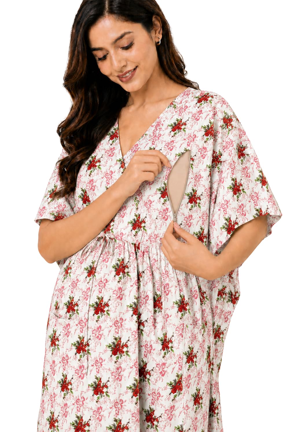 Women's- Kaftan | Maxi | Maternity | Feeding | Delivery Gown- Cotton Fabric- V Neck | Floral Print | 2 Pockets | Midi-image-47