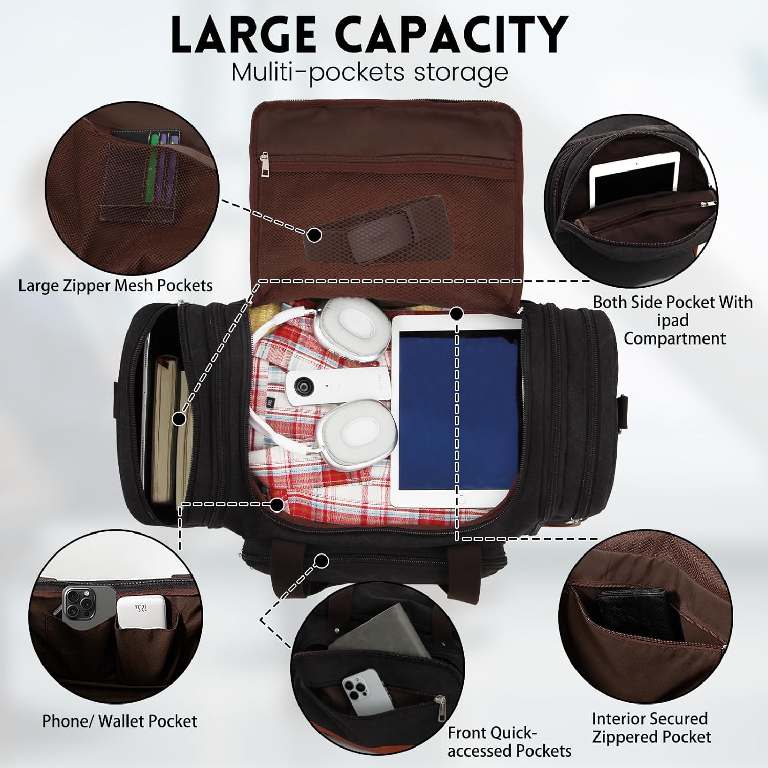 Men'S Duffle Bag For Travel, Expandable Canvas Duffel Bags Overnight Weekend Gym Carry On Luggage Bag For Men(Black) - Image 4