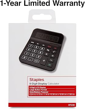 Staples 8-Digit Battery & Solar Basic Calculator, Black