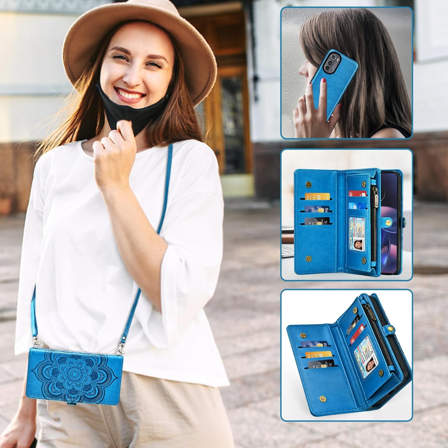 Asuwish Phone Case for Motorola Moto Edge 2022/MotoEdge 5G UW 2022 Zipper Wallet Cell Cover with Tempered Glass Screen Protector Strap Flower Card Holder Gen 3 XT2205-1 XT2205-2 6.6 Women Girls Blue