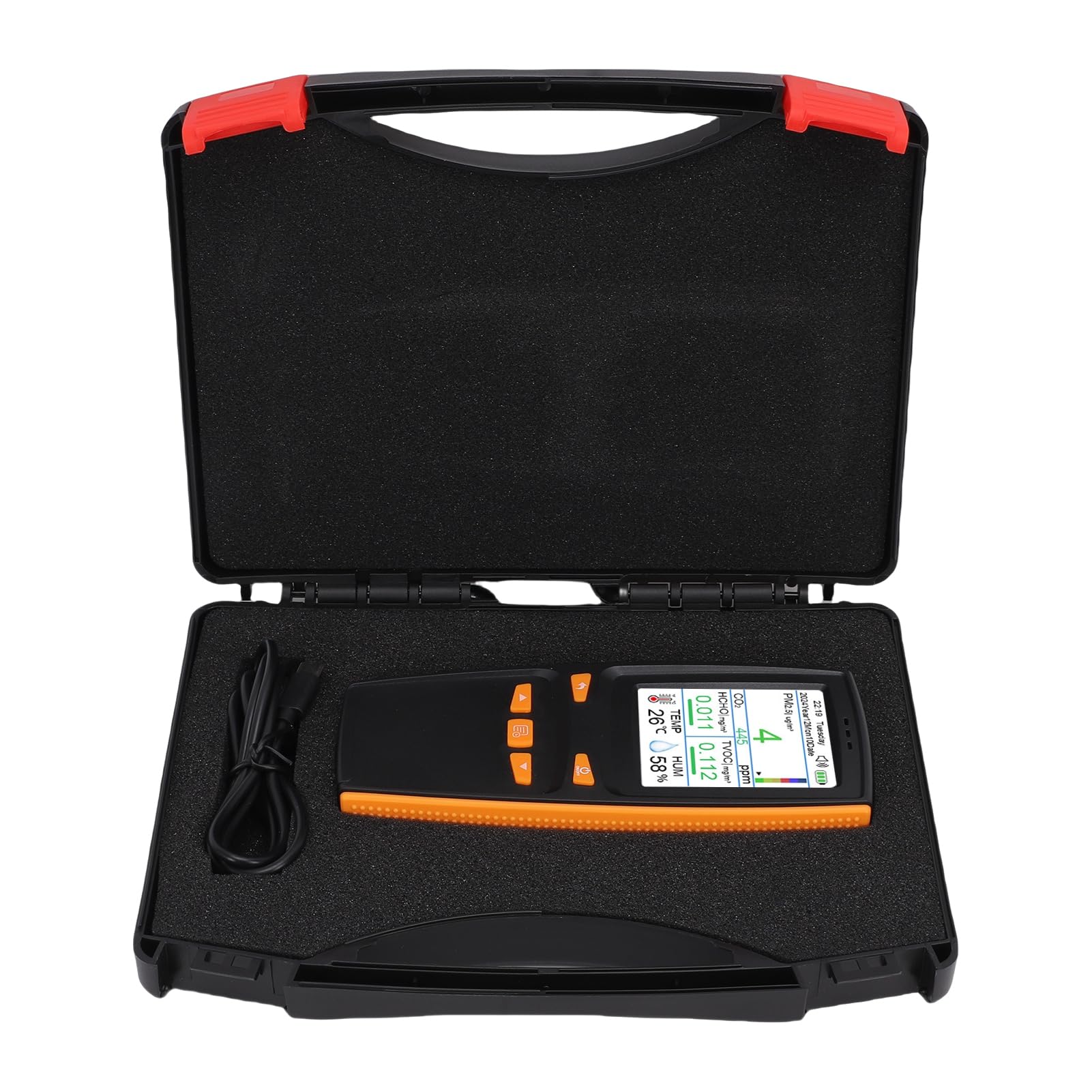 SEAFRONT Rilevatore di qualità Dell'aria con Supporto, Misuratore D'aria Interno Multifunzionale, Tester CO2 PM1.0 PM2.5 PM10 in Tempo Reale per Uso Domestico Batteria da 1500 MAh