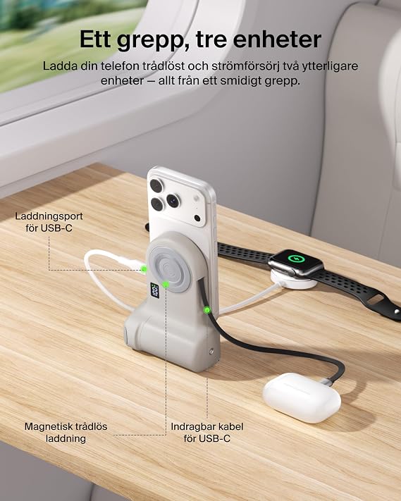 Belkin Stage PowerGrip, Manyetik Kablosuz Şarjlı Kamera Tutacağı 9300mAh, Geri Çekilebilir USB C Kablolu Taşınabilir Şarj Cihazı, Bluetooth Bağlantı, Tripod Uyumlu, LCD Ekran, iPhone ve Pixel için
