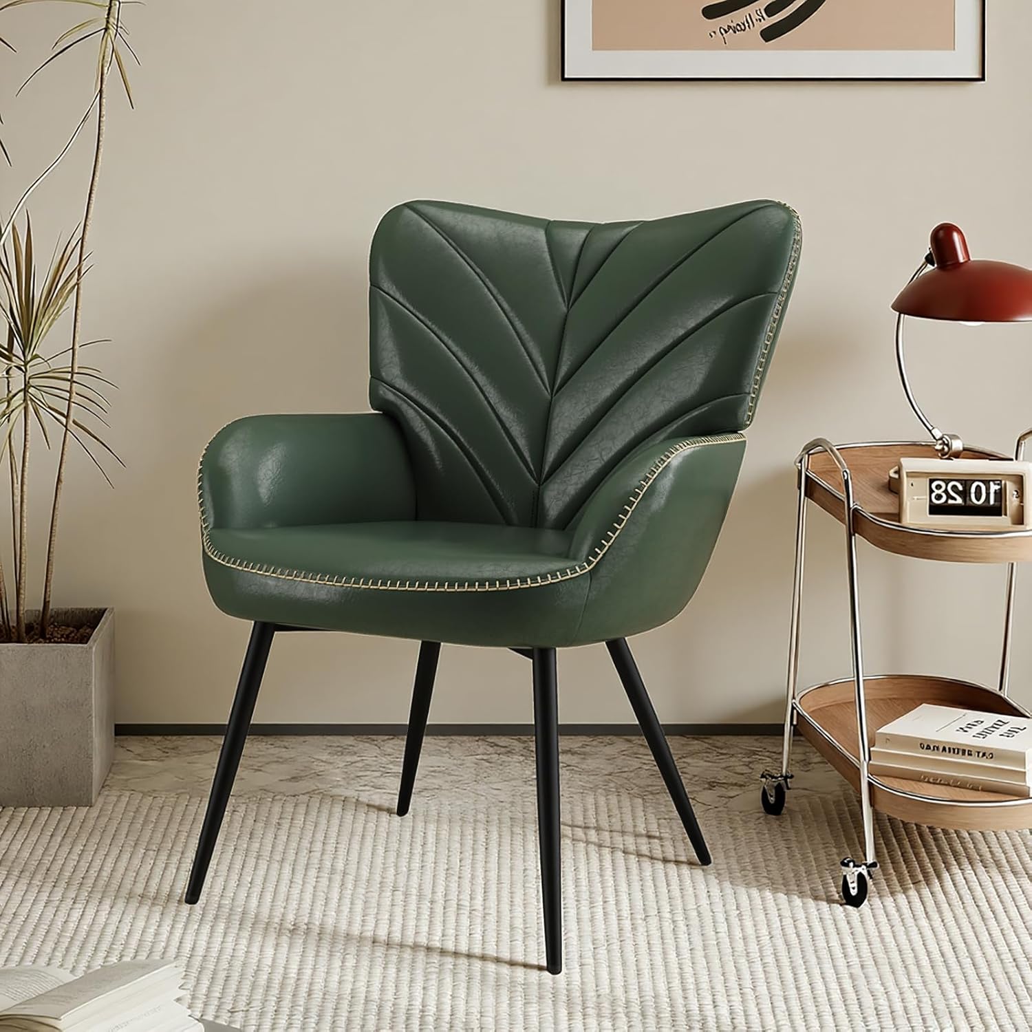 Modern Mid-Century Faux Leather Accent Chair, Upholstered Armchair with Curved Backrest, Sturdy Metal Base, Living Room, Bedroom & Reading Nook,Green