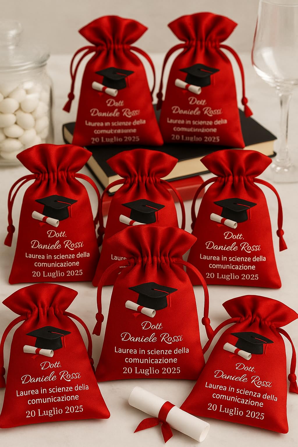 Sacchetti Laurea Personalizzati, in Raso, 12 Pezzi, Rosso, con Stampa Tocco e Pergamena, Bomboniere per Festa di Laurea