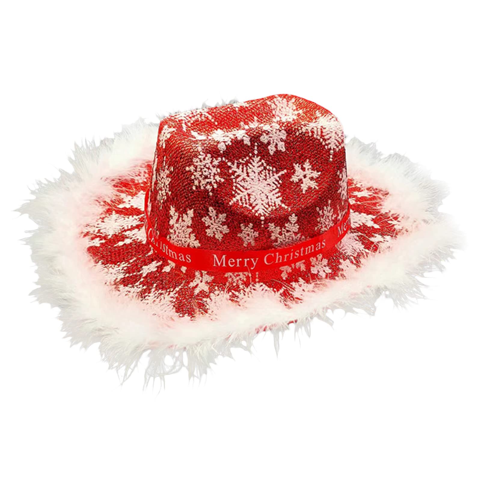 Tsophreniq Christmas Cowboy Hats for Men and Women Cowgirl Hat Feather Trim Birthday Party Hat Costume Accessories Christmas Cowboy Hats Feather Trim Cowgirl Adult Size for Men Women to Wear