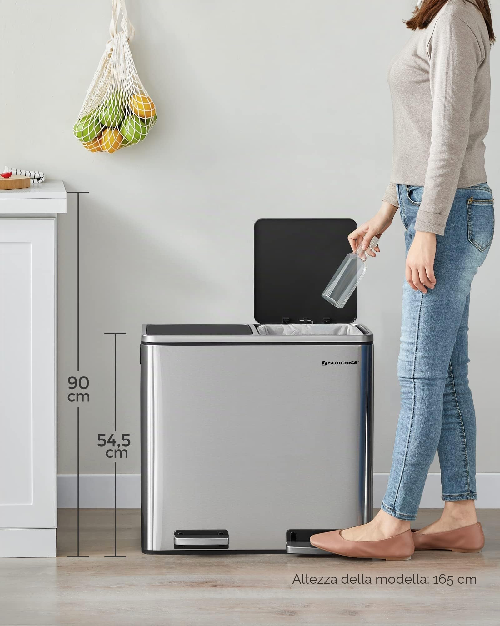 SONGMICS Pattumiera a Doppio Secchio, 2 x 24L, Cestino della Spazzatura con 2 Scomparti, a Pedale, Chiusura Morbida, 2 Secchi Interni e Manici di Plastica, Argento LTB48NL