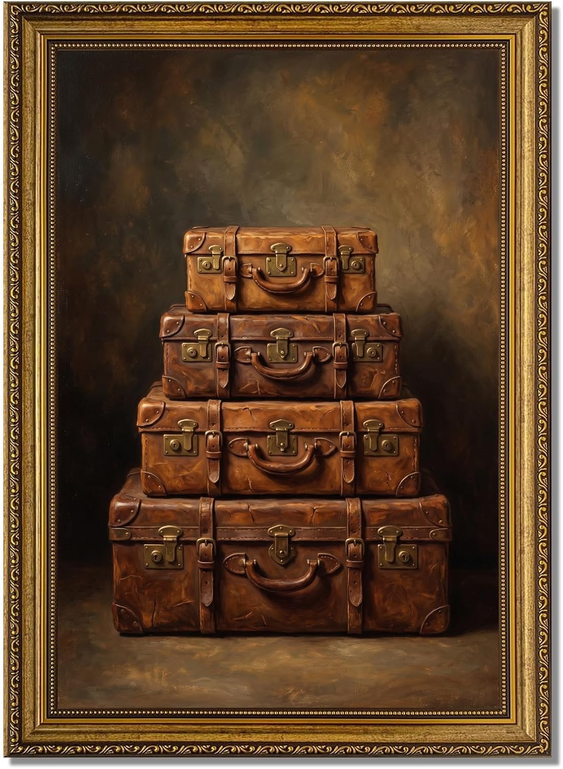 Vintage Suitcase Wall Art | Gold Framed Print For Living Room Decor