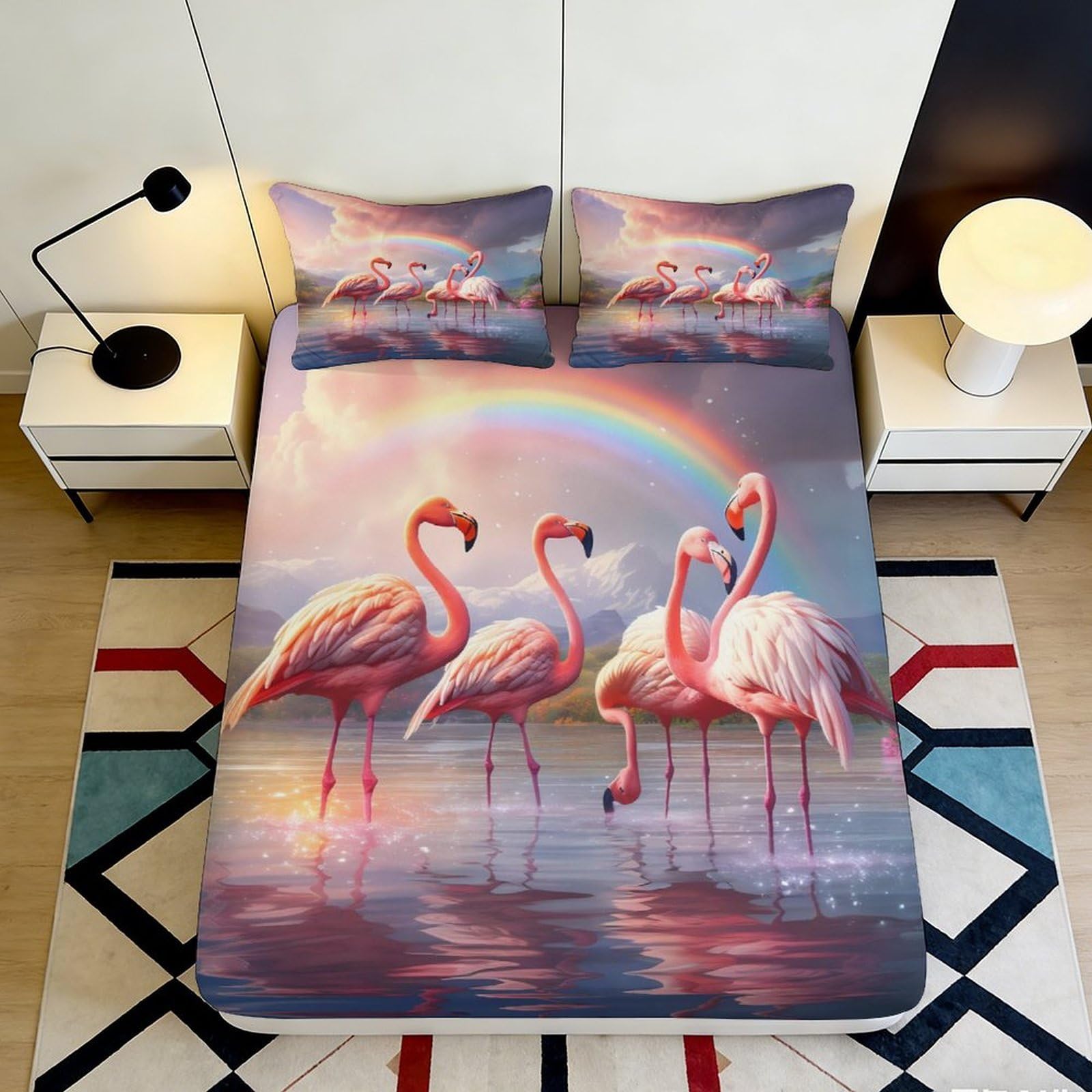 3D Printed Flamingo Design Fitted Sheet Microfiber Deep Pocket Bedroom Bedding Flamingo Mattress Fitted Cover Non-Slip Wrap Breathable 200x200x25cm