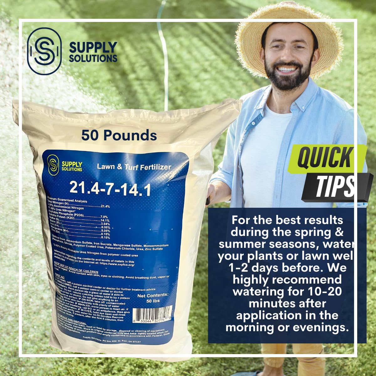 Supply Solutions 21.4-7-14.1 Lawn and Turf Fertilizer with Iron - Achieves a Lush Green Lawn in Weeks - Turf Builder for All Grass Types - for Greener Grass Fertilizer (50lbs)