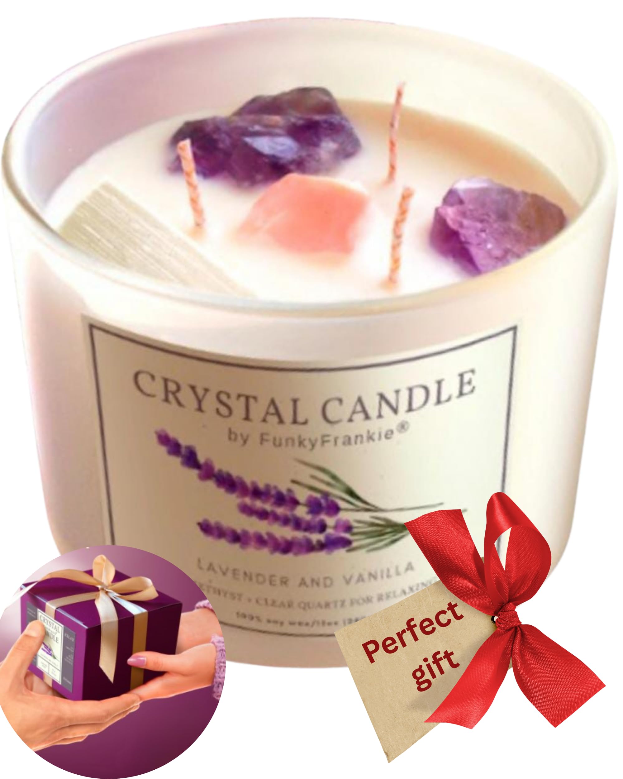 FunkyFrankie® Extra Large Healing Crystals Candle, Valentine's Gifts for Women - Amethyst 12 oz Manifestation Candle for Gemini | Zodiac Gifts | Soothing Lavender for Mom