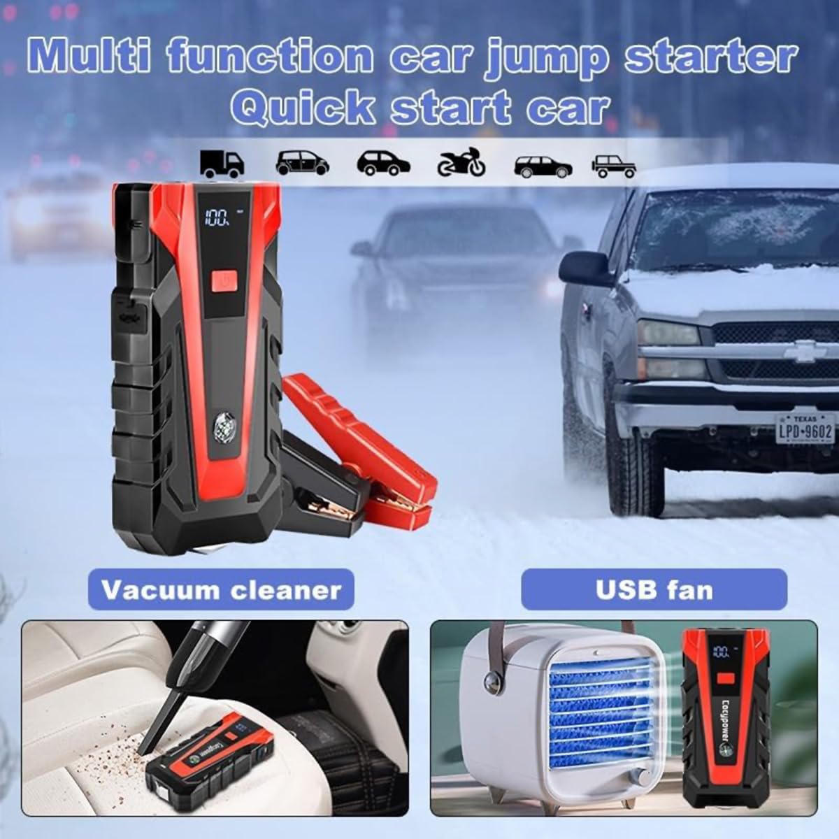 Klack Arrancador de Batería Portátil 12V 14000 mAh con Power Bank | Linterna LED 3 Modos, USB Tipo C Carga Rápida, Brújula Integrada, Pinzas Inteligentes, Estuche Incluido
