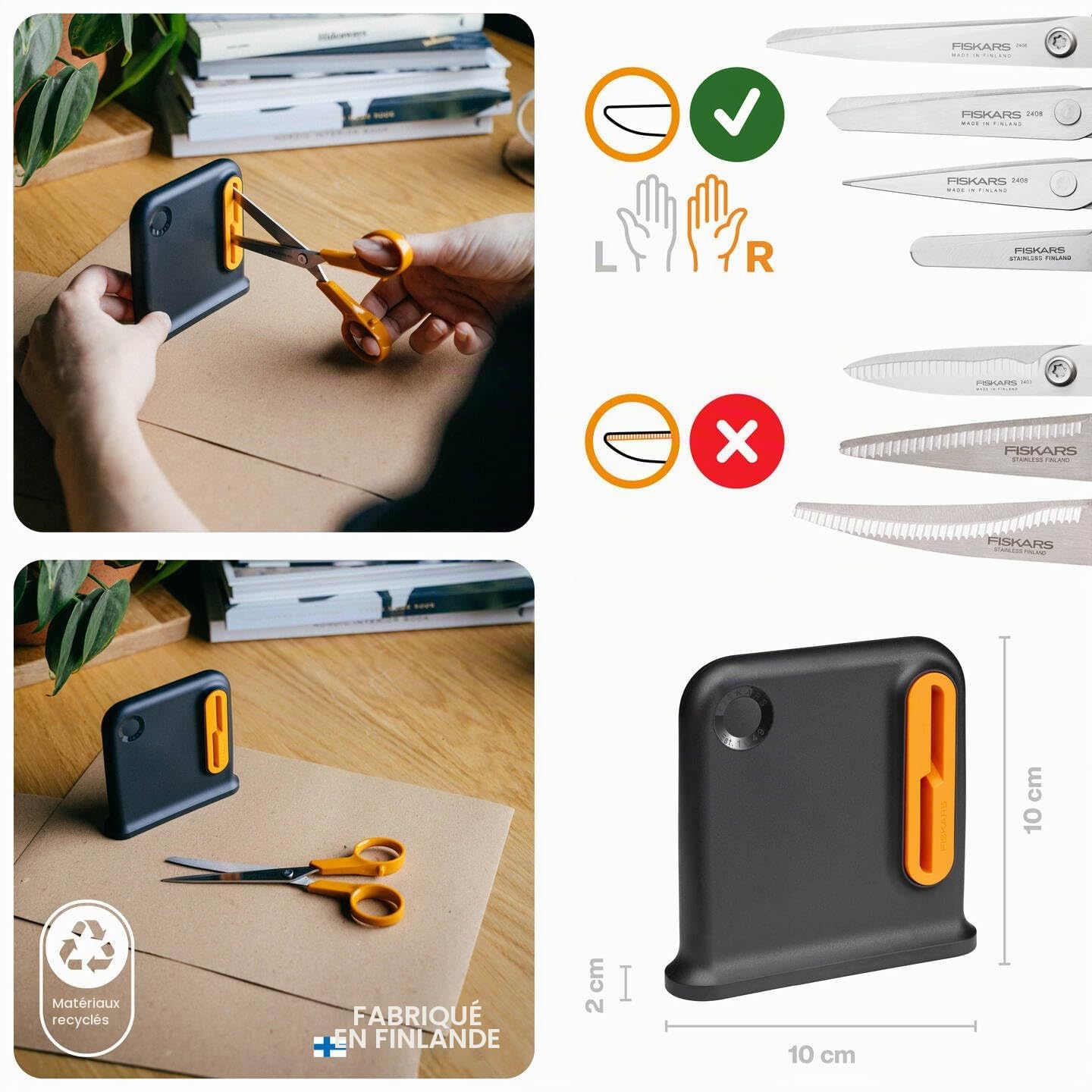 Fiskars Aiguiseur de Ciseaux, Idéal pour les Ciseaux Polyvalents Destinés aux Droitiers, Conception Ergonomique, Au Moins 55% de Matériaux Recyclés, Boîtier en ABS Recyclé à 80%, Noir/Orange, 1081129