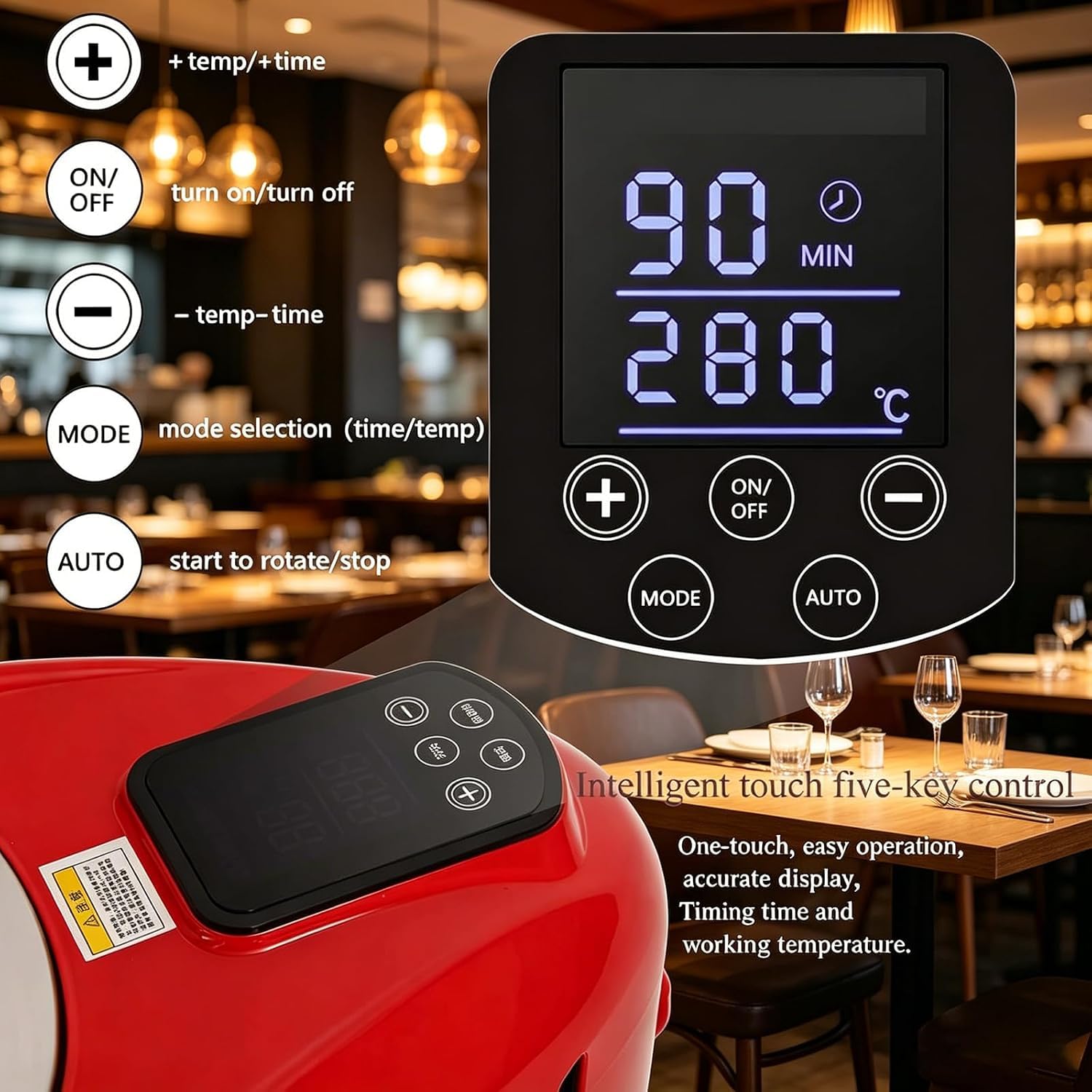 Griglia Elettrica Senza Fumo, Barbecue da Interno con Temperatura Regolabile da 80 A 280 °c, Rotazione A 360 °c, Superficie Antiaderente, Ideale per Casa E Ristoranti, Timer da 1 A 80 Minuti.