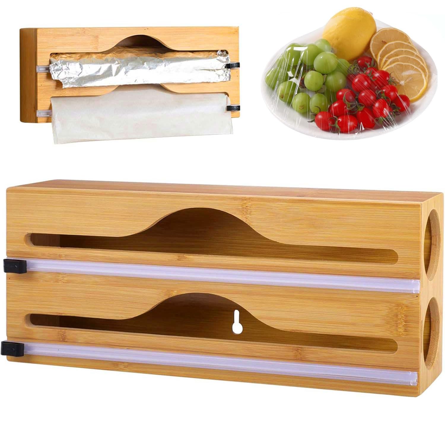 Derouleur Film Alimentaire en Bambou, Distributeur Papier Aluminium et Film avec Cutter Coulissant, Distributeur Film Alimentaire Compatible avec rouleaux de 30cm, Organisateur Tiroir Cuisine Efficace