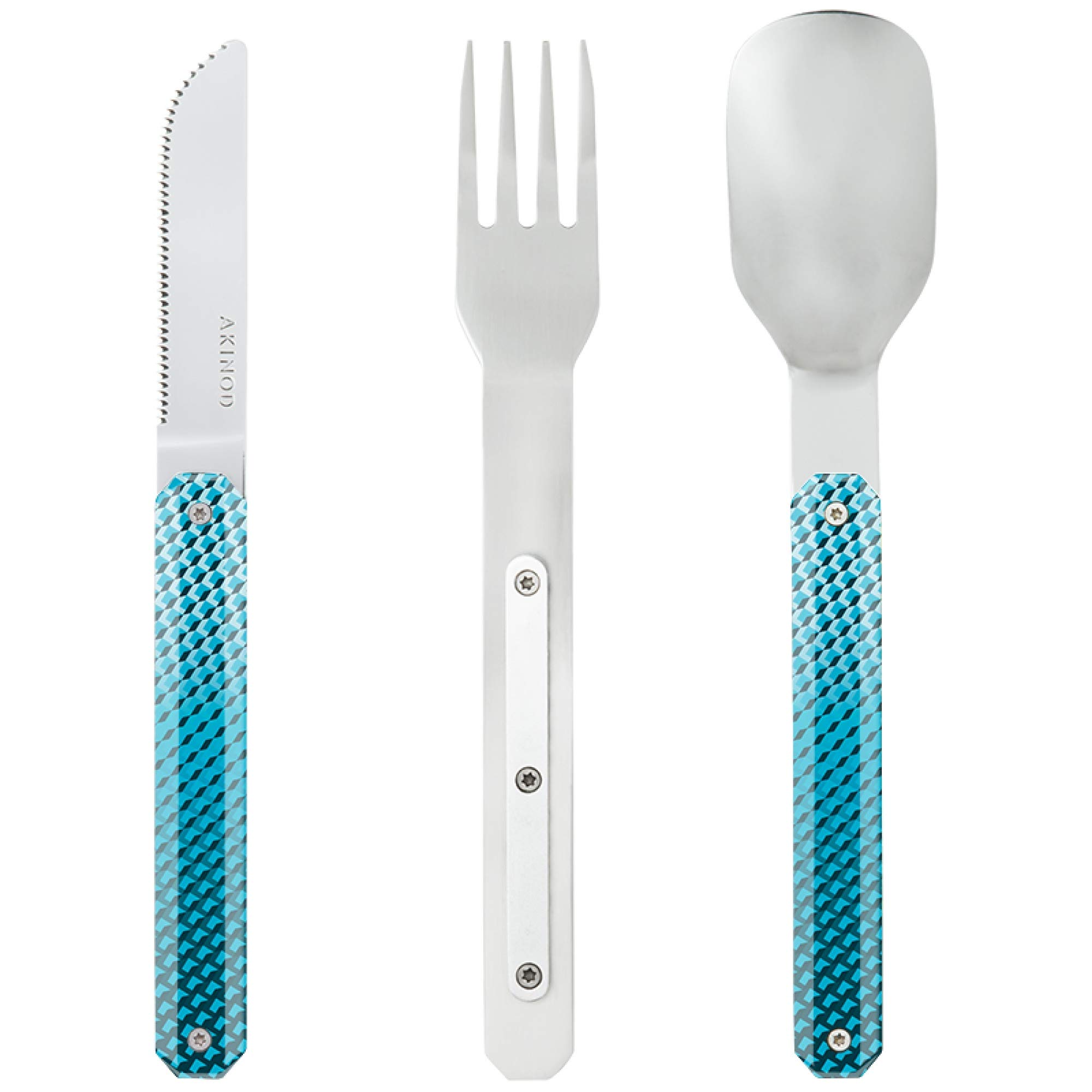 Akinod - Juego de cubiertos fijo 12H34 Mosaic azul con tenedor, cuchillo y cuchara - Cubiertos de acero inoxidable - magnéticos para llevar - de viaje compactos, duraderos y elegantes