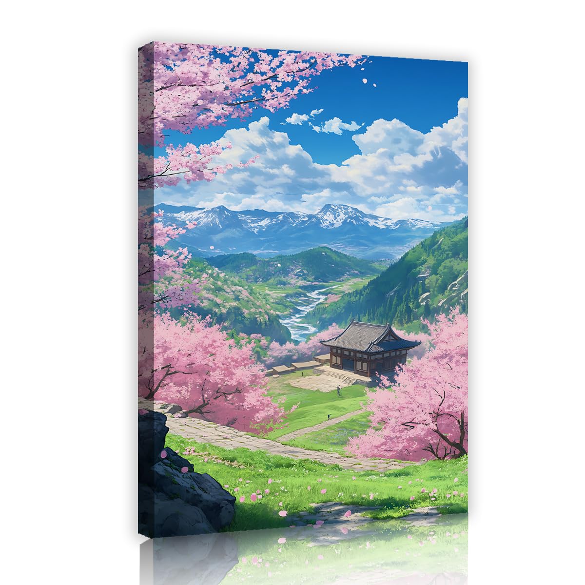 Via Vela Japanese Sakura Mountain Framed Canvas Artwork Office Valley Landscape Painting Nature Posters Pictures for Living Room Decor 50x75cm