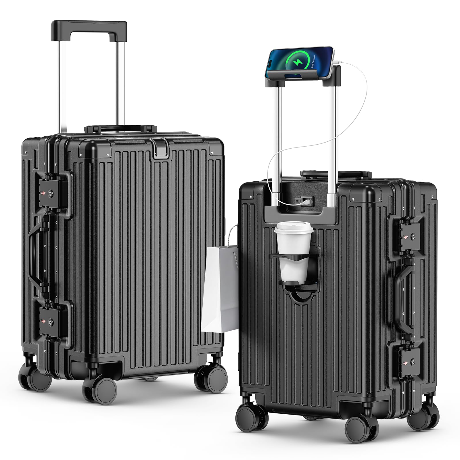 Equipaje de mano sin cremallera con portavasos y puertos USB duales, maleta rígida aprobada por aerolíneas, cerradura TSA, Negro, 24 Inch, Para llevar en casa