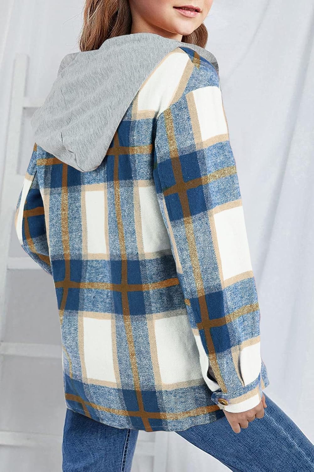 Girls Cute Flannel Plaid Button Down Top with Pockets Long Sleeve Hooded Jacket