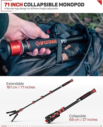 Miniatura 4 de IFOOTAGE Monopie de aluminio de 71", cabezal fluido de vídeo y versión de liberación rápida, Cobra 3 A180F, monopie de vídeo retráctil con pies,