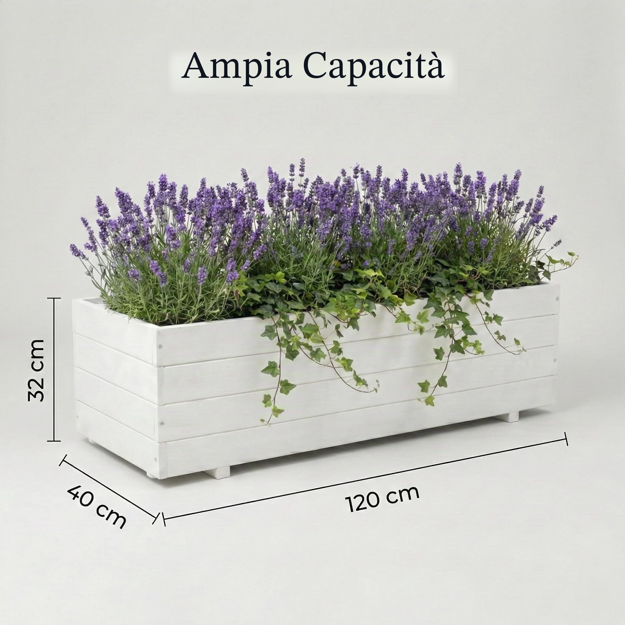 Fioriera in legno per esterni, grande, rettangolare, in legno FSC, 120 x 40 x 32 cm, bianco