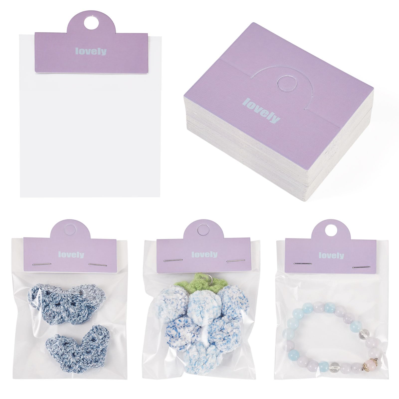 Sparkeads 100 pcs 5x6.4x0.035cm Packaging Pouch Rectangle Jewelry Wrapping Bag Foldable Paper Header Cards with Cellophane Bags for Shop Wrapping Keychain Bracelet,Orchid