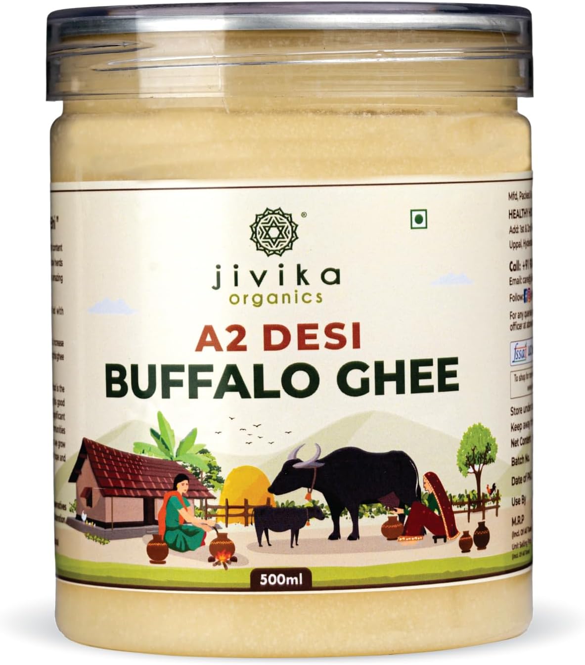 Jivika A2 Desi Buffalo Ghee 500Ml | Bilona Ghee | Grass Fed Buffaloes | Murra Buffalo | Haryana Region | Pure & Natural | Nutritional Powerhouse | Lab Tested