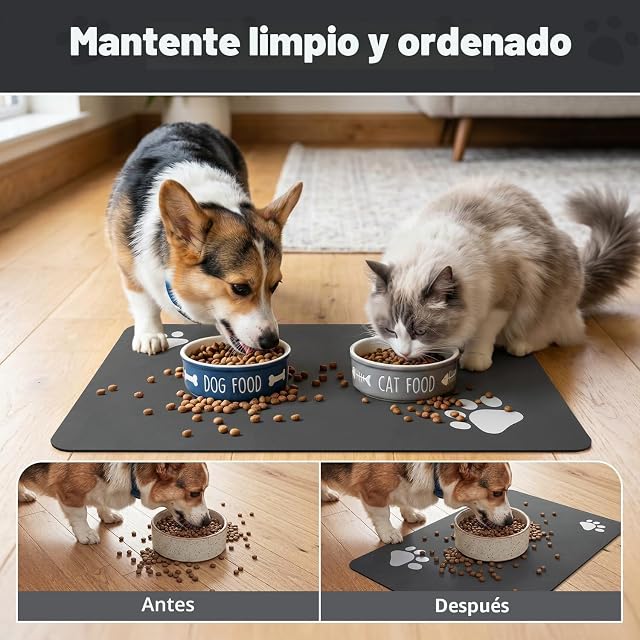 Foto 3 de 7 de Tapete de alimentación para mascotas, tapete absorbente para comida y agua, sin manchas