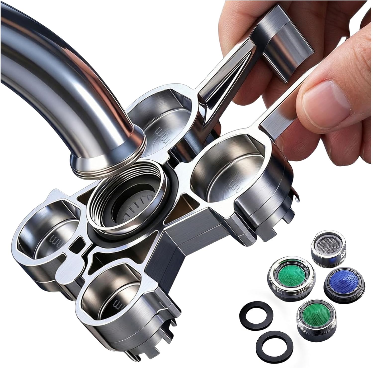 12-in-1 Metal Faucet Removal Tool, Multi-Function Wrench with 6 Aerator Adapters, Household Plumbing Repair Kit for Bathroom Kitchen, Fits Concealed Flathead External Thread Aerators