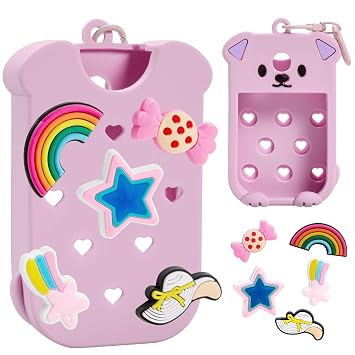 Silicone Case for 1oz Flat Hand Sanitizer Spray Bottle, Protective Sleeve with 5 DIY Decorative Charms and Keyring, Portable Travel Mist Holder for Backpack & Purse Pink -no bottle-cat shape