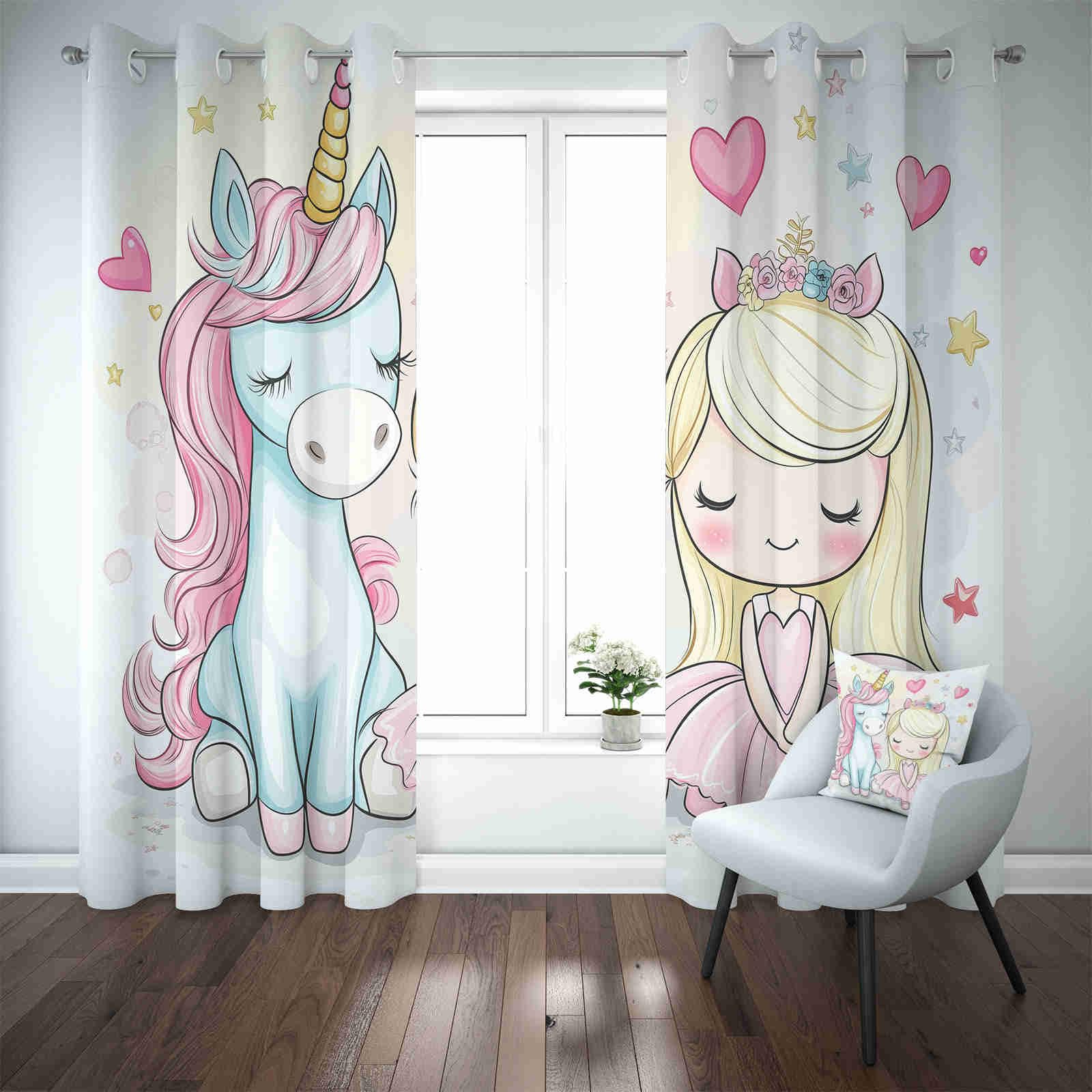 Rideau Occultant à Oeillets Mignon Licorne Lot de 2 Rideaux Thermique et Isolant Phonique Dessin Animé Princesse Idéal pour la Décoration de Salon, Chambre à Coucher, 110 x 215cm