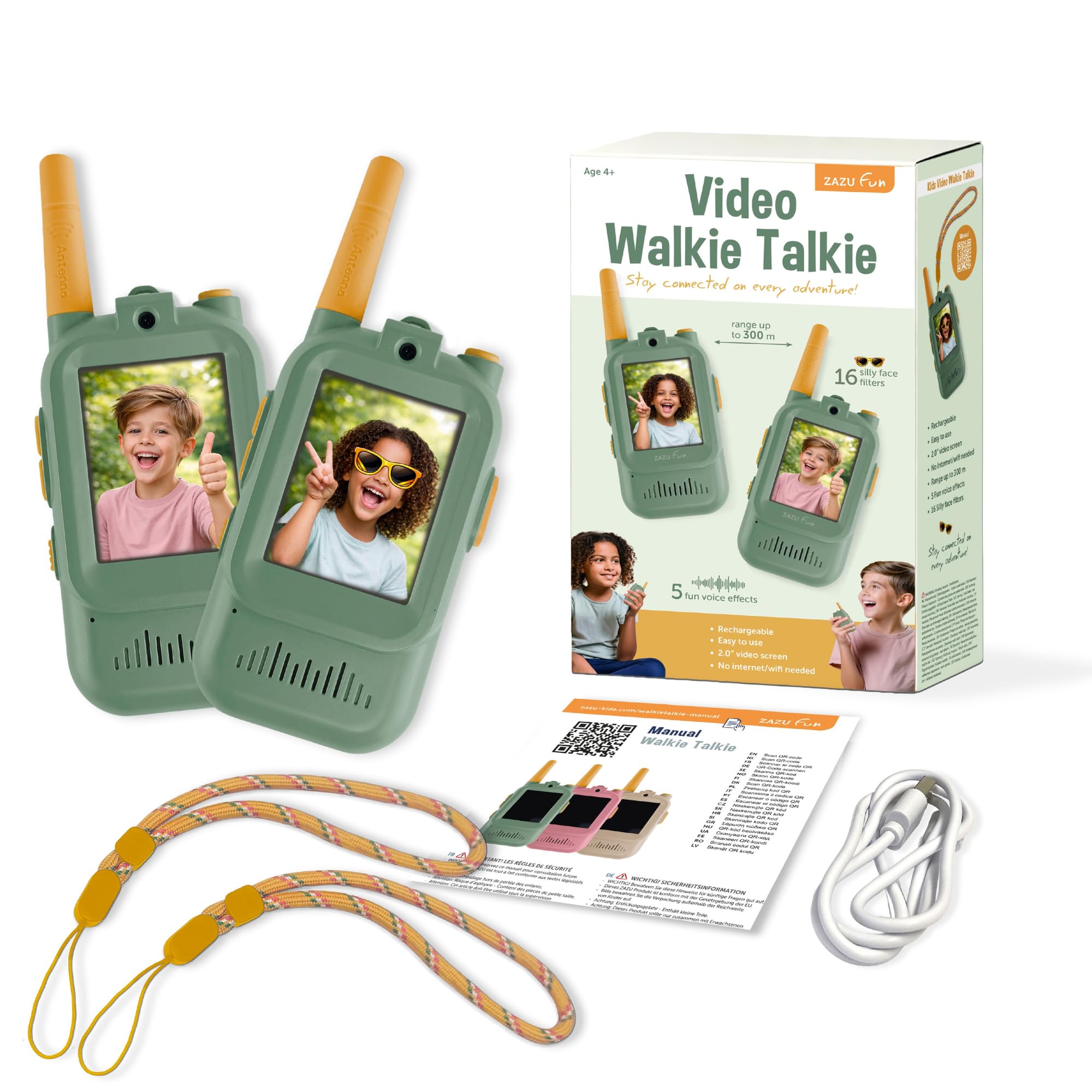 ZAZU Video Walkie Talkie para niños con cámara, juego de 2, alcance de 300 m, pantalla de 2,0 pulgadas, recargable por USB, 5 efectos de voz y 16 filtros, radio con vídeo para interior y exterior