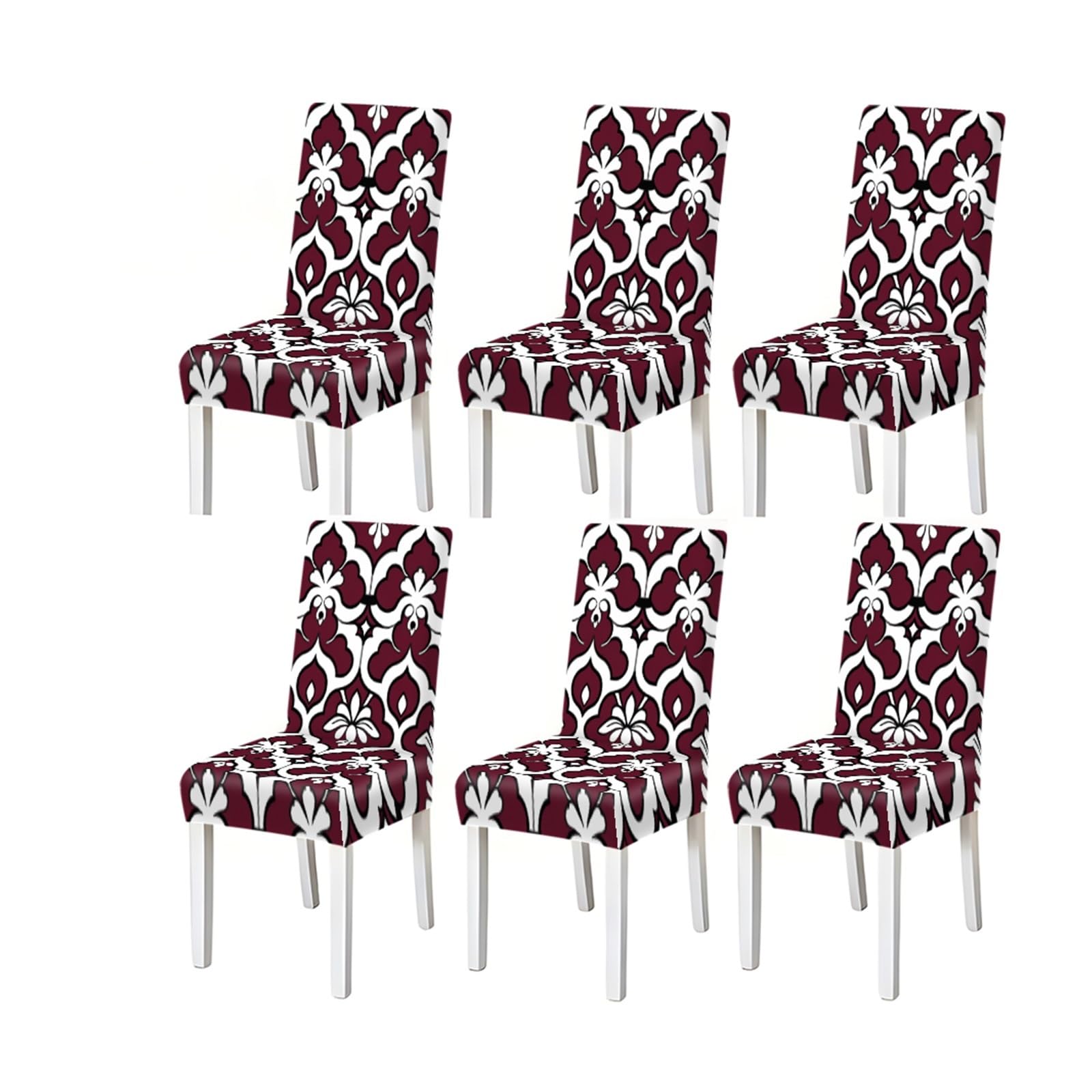 BOSUYBN Burgundy White Damask Floral Pattern Print Dining Chair Covers Set Of 2/4/6, Stretch Slipcovers For Kitchen Dining Room Furniture Protectors for Home Dining Room(6PCSChair cover)