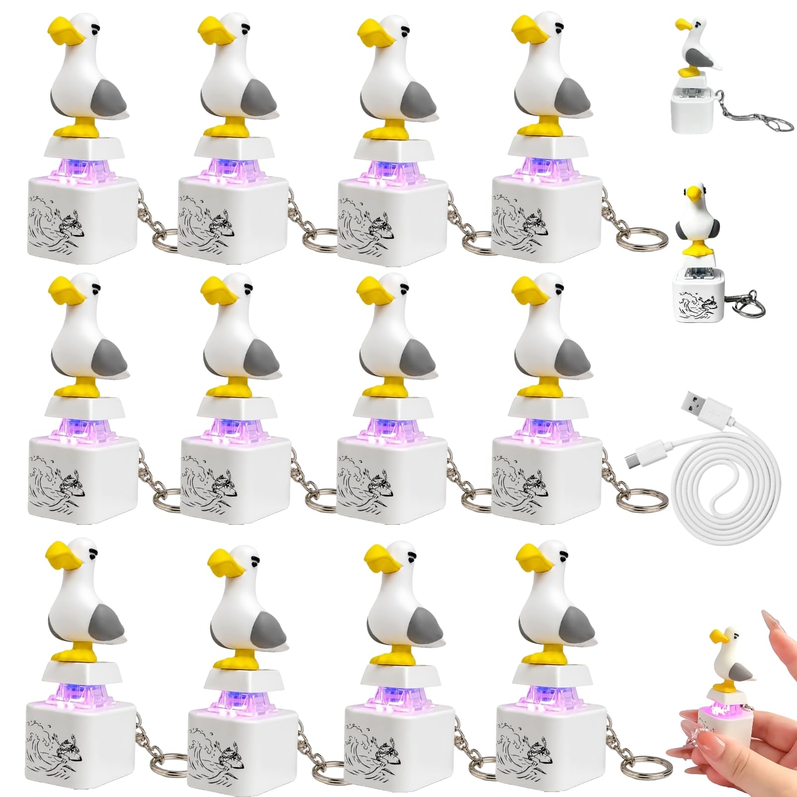Seagull Mine Sound Button Keychain, Mine Seagull Keyring, Rechargeable Fidget Clicker with Real Sound and LED Light, Funny Interactive Desk Stress Relief Fidget Toy Gifts for Adults，12pcs
