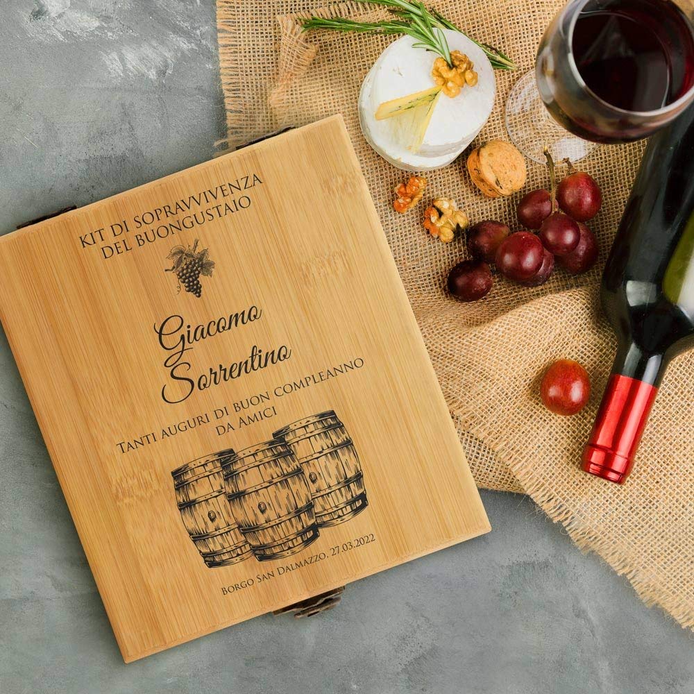 Maverton Set Cavatappi da Vino - Kit da Sommelier Degustazione Perfetta Personalizzato - Scatola in Legno di bambù + 4 Pezzi di Accessori Vino - Regalo Uomo - Regalo di Natale - Kit di buongustaio