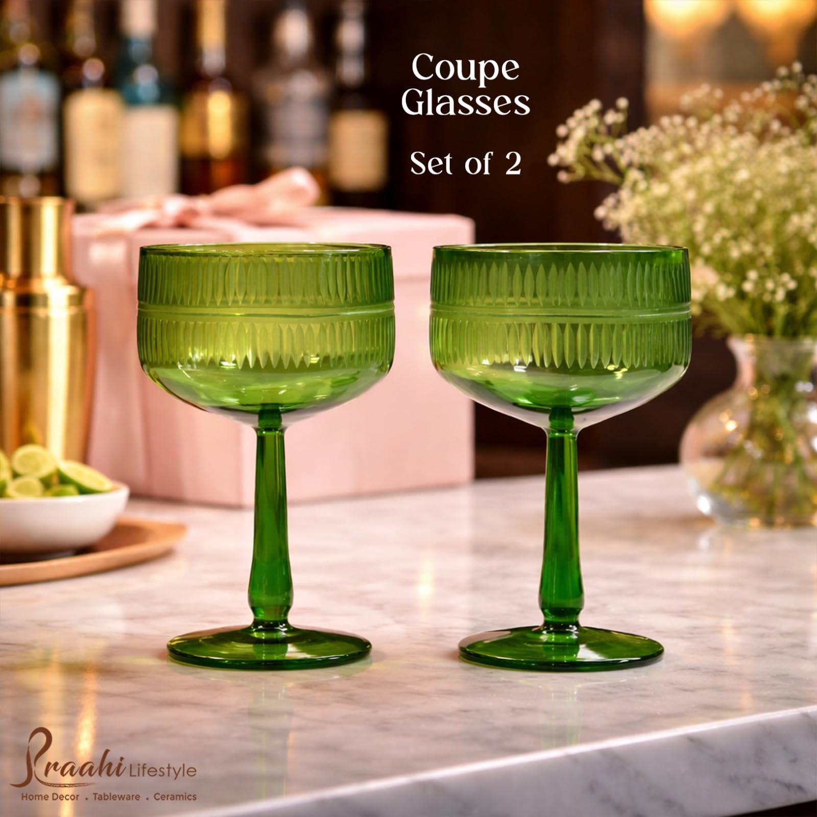 Praahi Lifestyle Premium Champagne Glass Coupe Glasses | Cocktail Glass Set - Gift Box Packaging, 270ml, Set of 2, Green Glasses | Wedding Gifts | Best Gift 1