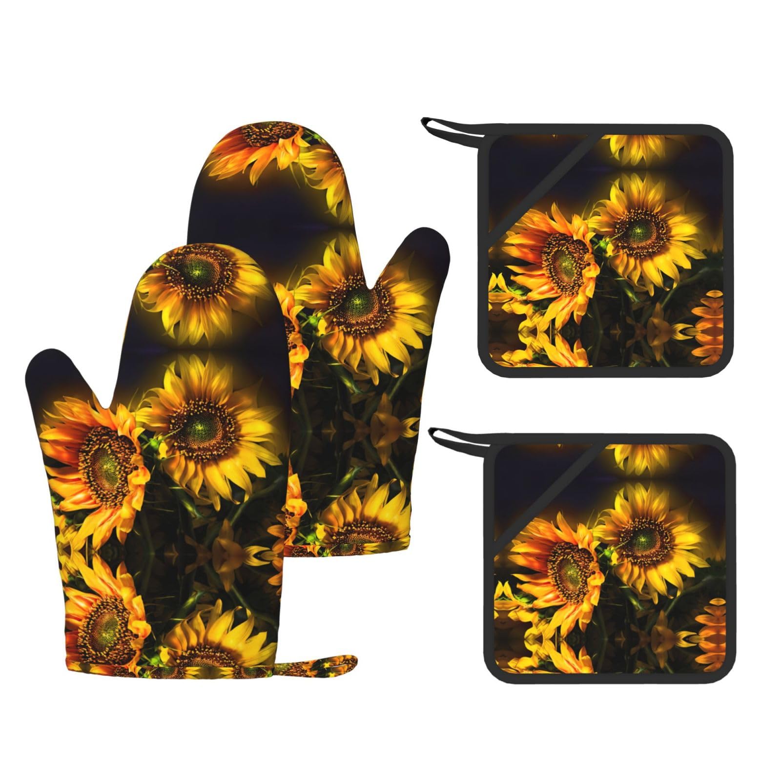 Orange Sunflower Wallpaper Printed Pot Holders and Oven Mitts 4-Piece, Non-Slip Kitchen Gloves with Utensil Pocket for BBQ