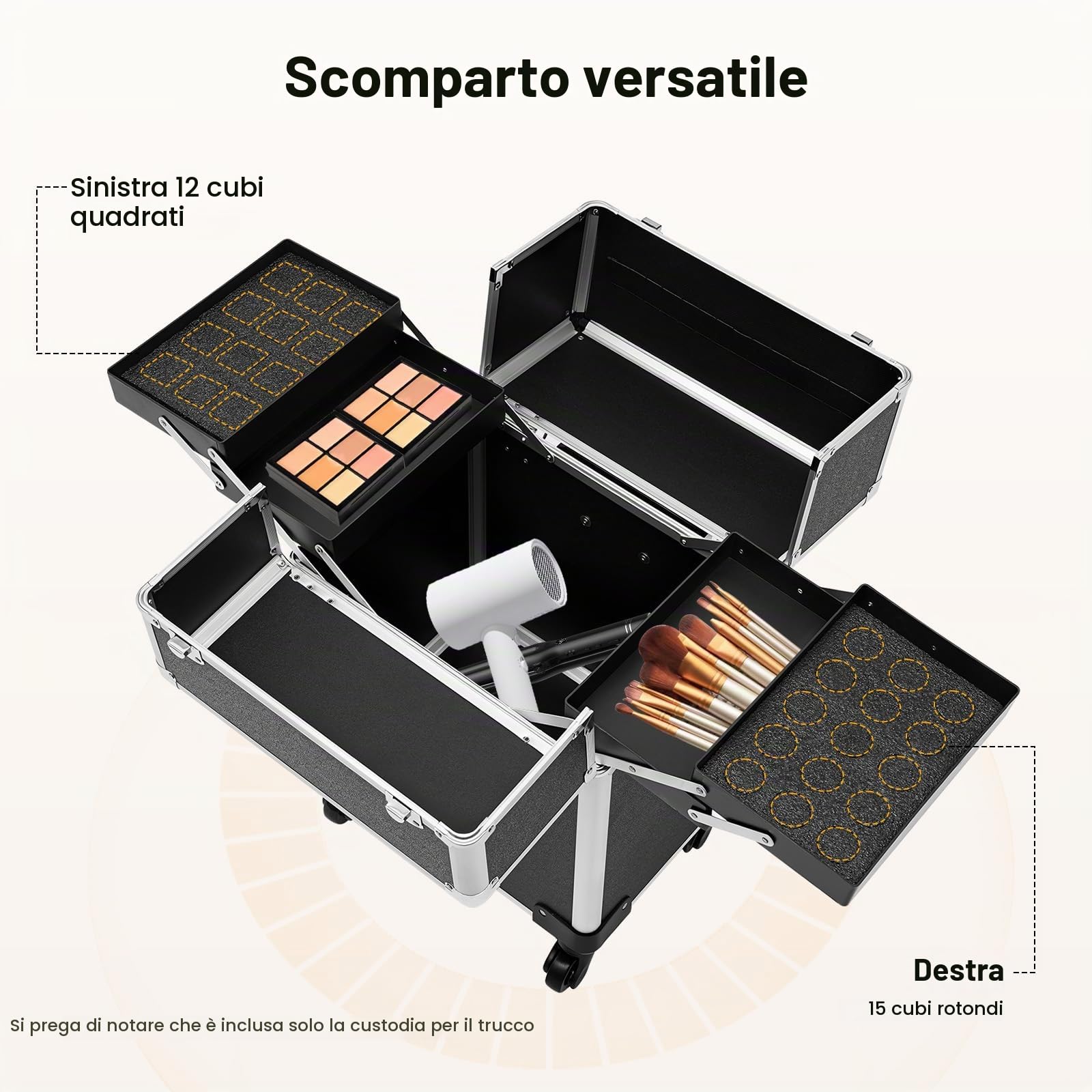 Valigetta per trucco, trolley espandibile con manico e 4 ruote universali (nero)