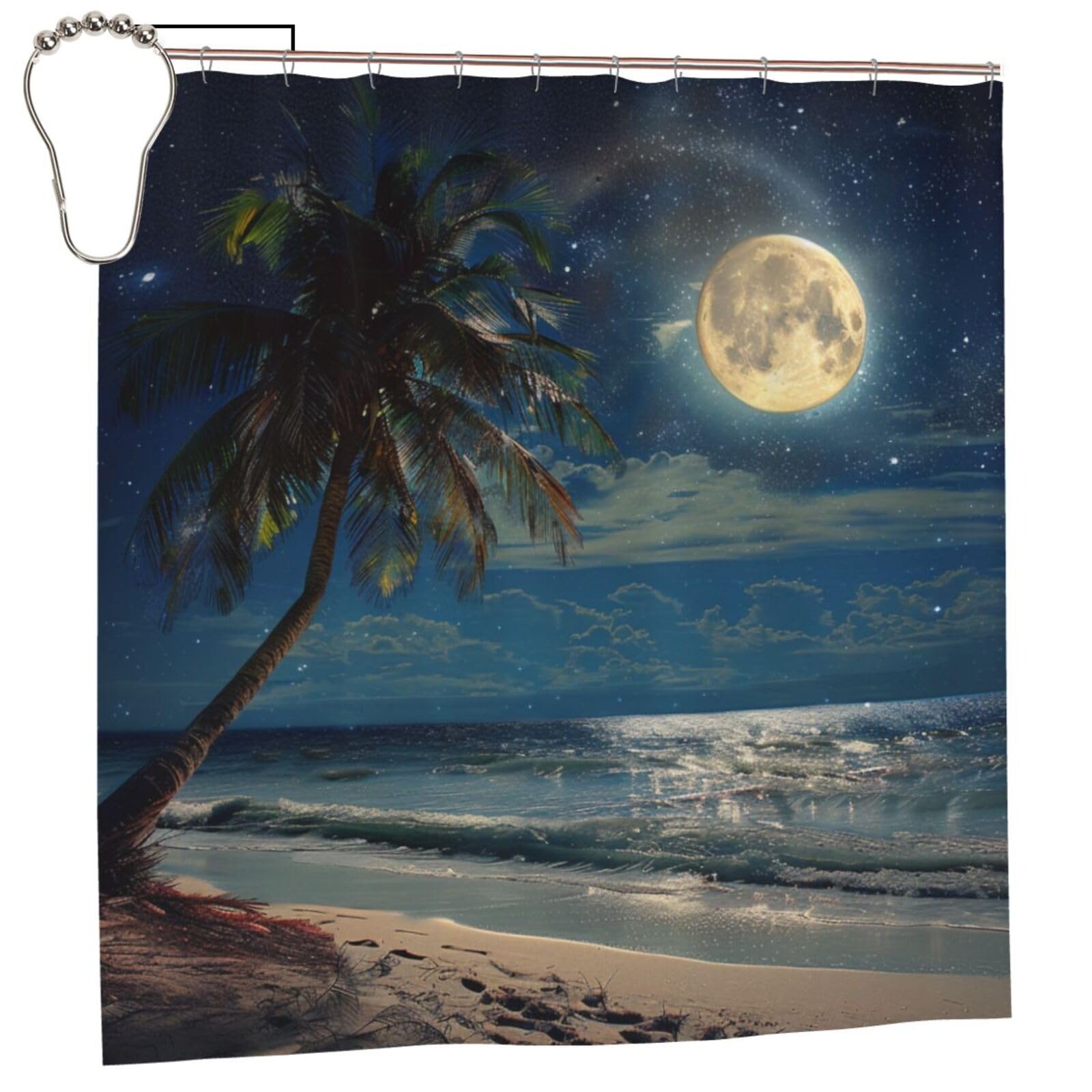 BWWHCCTI Tropical Beach Palm Tree with Moon Printed Shower Curtain With 12 Iron Hooks Opaque Quick Drying Waterproof Shower Curtains Sets For Bathroom 183x183 CM