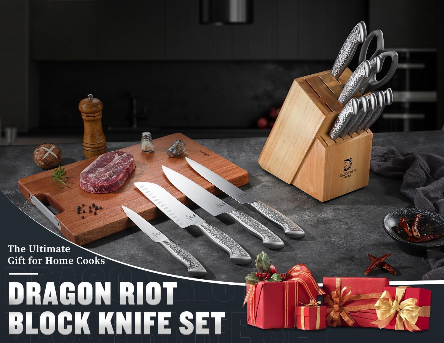 DRAGON RIOT Messerset mit Block - 14-TLG Selbstschärfender Messerblock, Profi Japanisches Edelstahl Messer Set, Messerblock mit Schärfer, Profi Küchenmesser Set mit Ergonomischer Griff