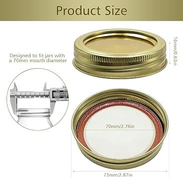 12 Pcs Mason Jar Lids, Tinplate Split-Type Leak Proof Canning Lids & Jam Jar Covers Regular Mouth 70MM Leak Proof for Food Storage Gold