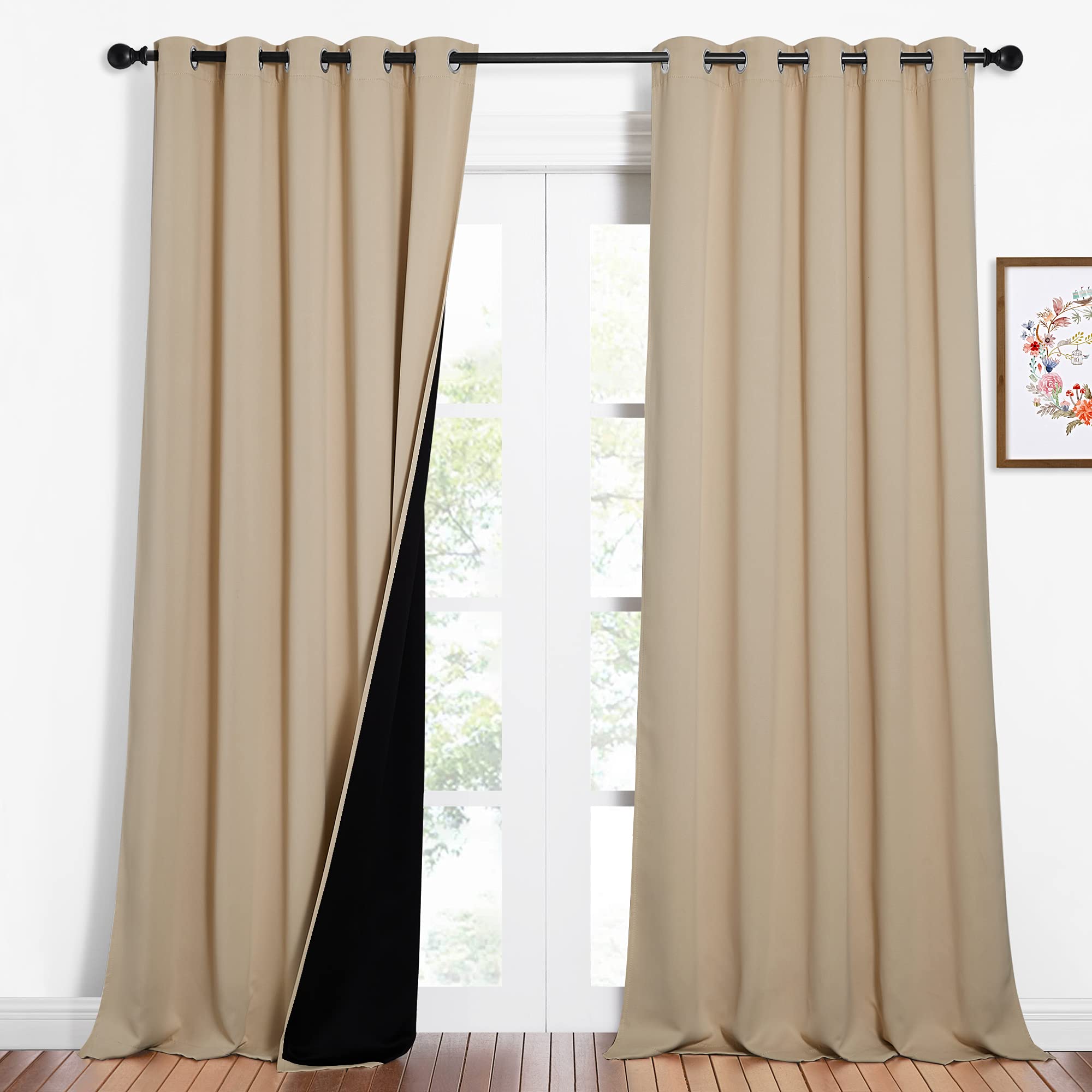 NICETOWN Thermal Insulated 100% Blackout Curtains, Noise Reducing Performance Drapes with Black Lining, Full Light Blocking Drapery Panels for Patio (Biscotti Beige, 1 Pair, 62 inches x 95 inches)