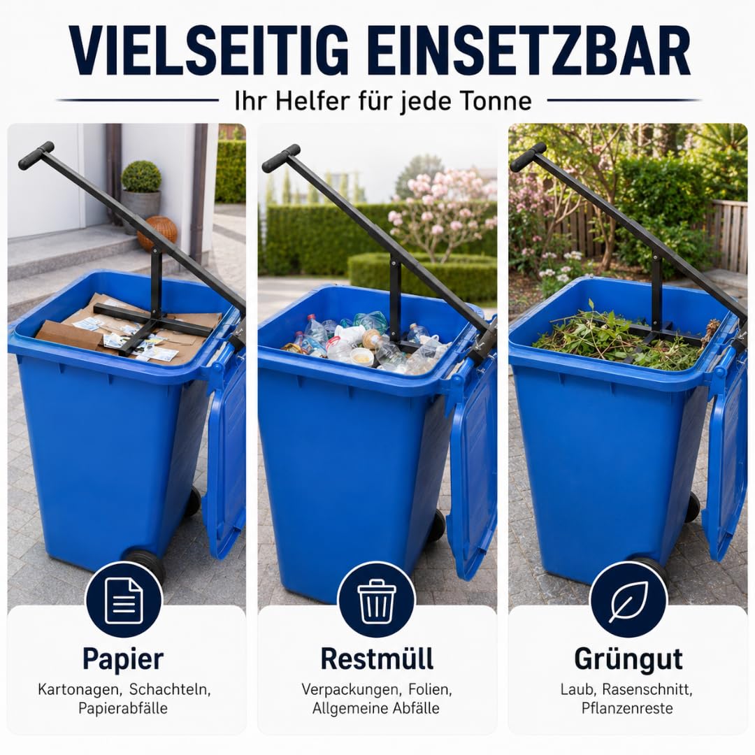 Müllpresse für Mülltonne – Höhenverstellbare Mülltonnenpresse & Abfallpresse für Restmüll, Papiertonne & Kartonagen | Stabile Müllverdichter-Presse mit verstellbarem Griff – Bin Trash Compactor
