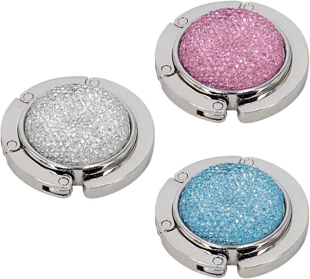 TANOSII Foldable Purse Hook Floding Handbag Hanger Bling Rhinestone Bag Holder for Table Desk 3 PCS White Pink Blue