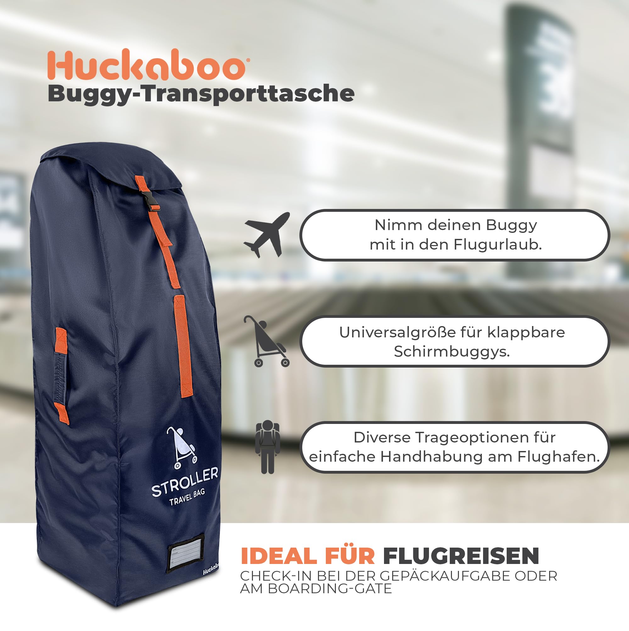 Huckaboo Buggy-Transporttasche – Robuste Buggy-Tasche fürs Flugzeug, Reisetasche für Klappbuggys & Schirmbuggys, Dunkelblau