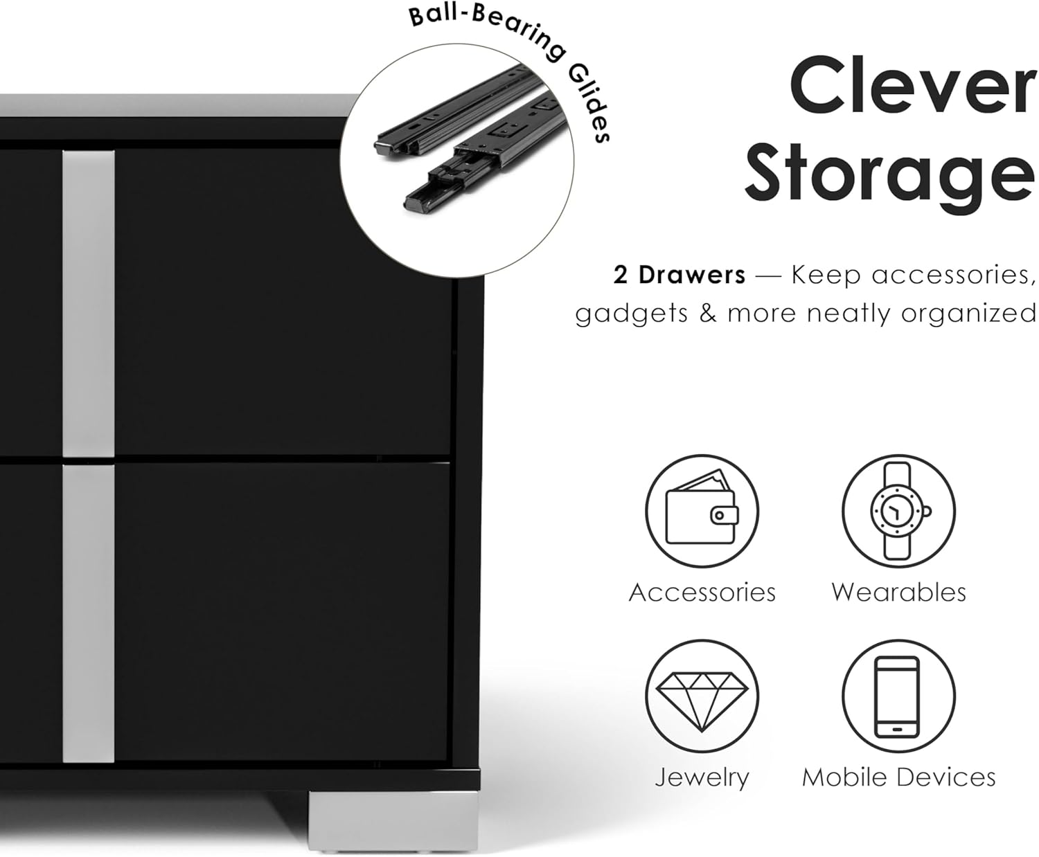 Furniture of America Alistair Modern Wood Nightstand with 2 Drawers and Vertical Chrome Handles, Large Bedside Table, Wooden Night Stand for Bedroom, Guest Room, Dorm, No Assembly Needed, White