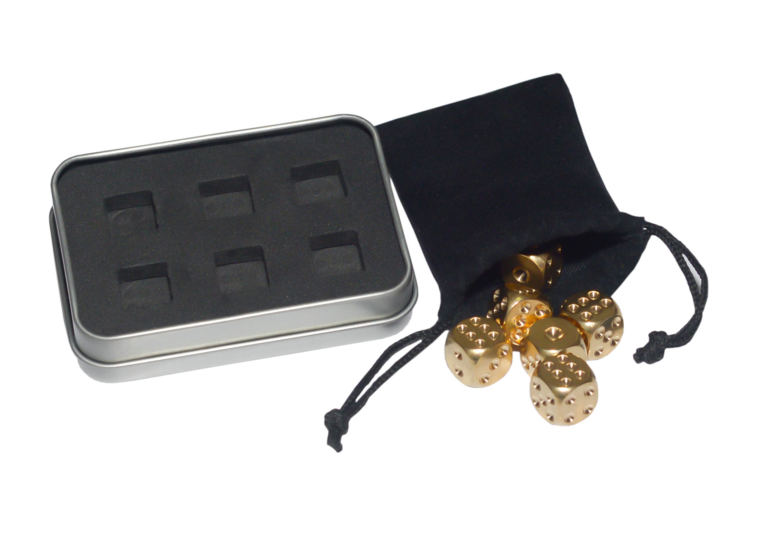 6 dados de latón sólido y rollo pozo de metal,Tablas juego de mesa Juego de beber dados de juego,Dados de latón de regalo