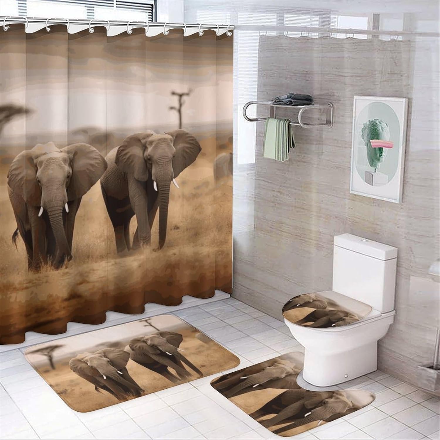 4 Piece Bathroom Rug Set with Shower Curtain, Non-Slip Bath Mat Toilet Cover Set, Wild Animals Elephants Bathroom Rug Sets