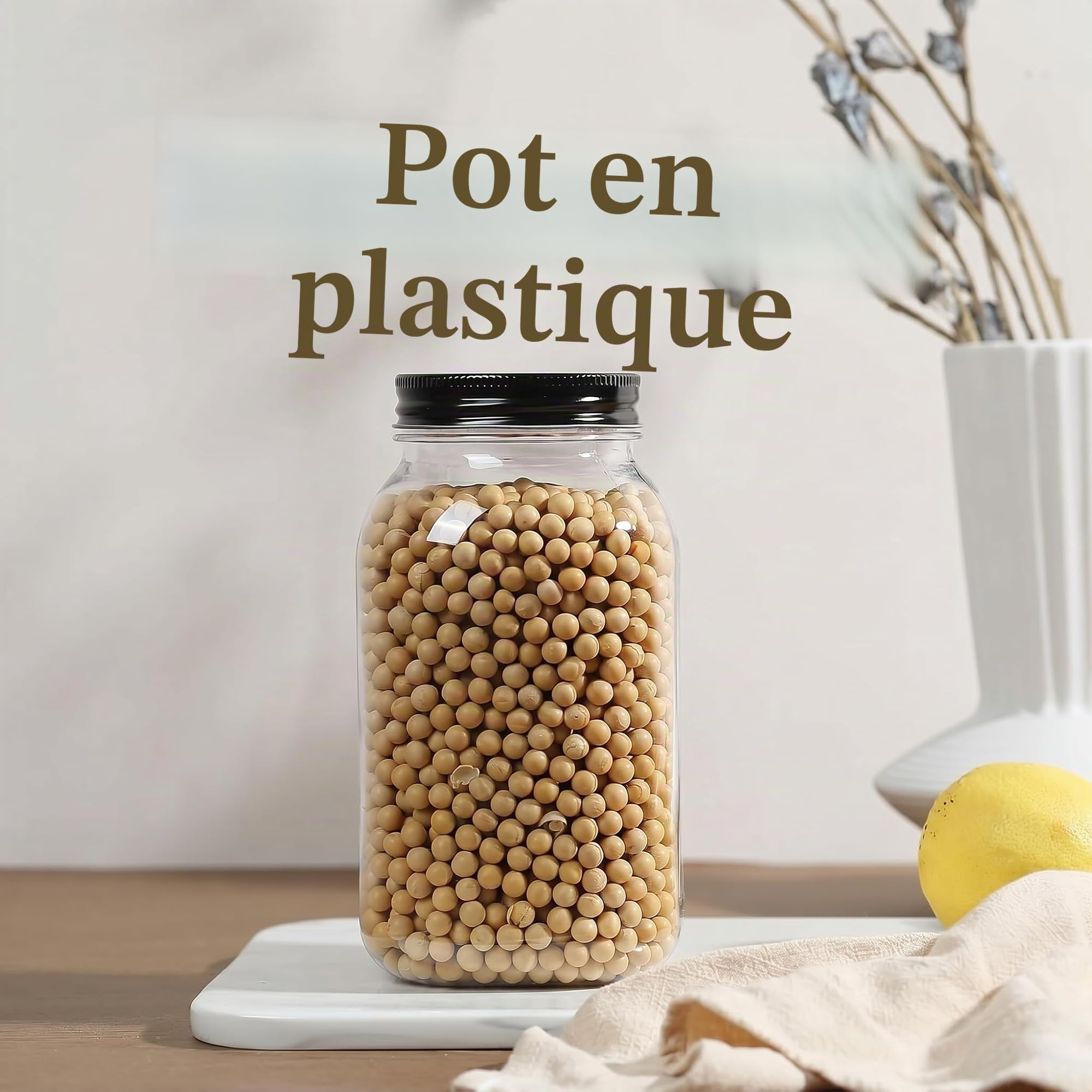 novelinks Lot de 6 bocaux hermétiques en plastique sans BPA avec couvercles en métal, pour garde-manger, épices, collations, cuisine et salle de bain, étanches et réutilisables (noir)
